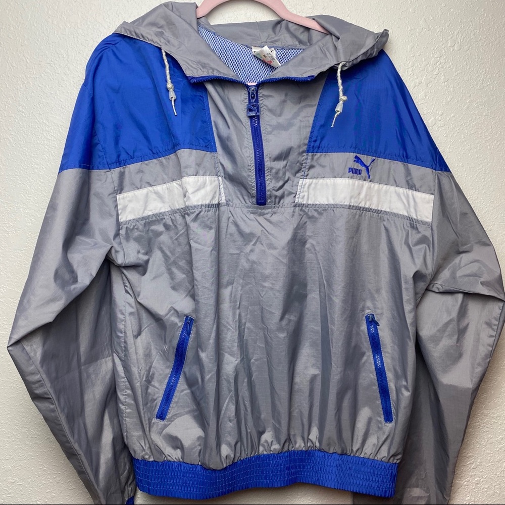 Puma hooded banded windbreaker blue, grey & white